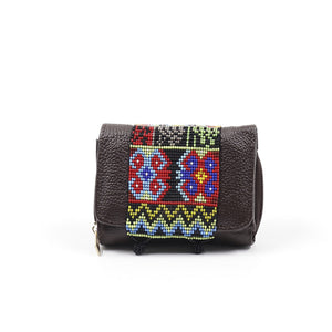 ck-60 cartera piel ternera con chaquira grecas artesanal