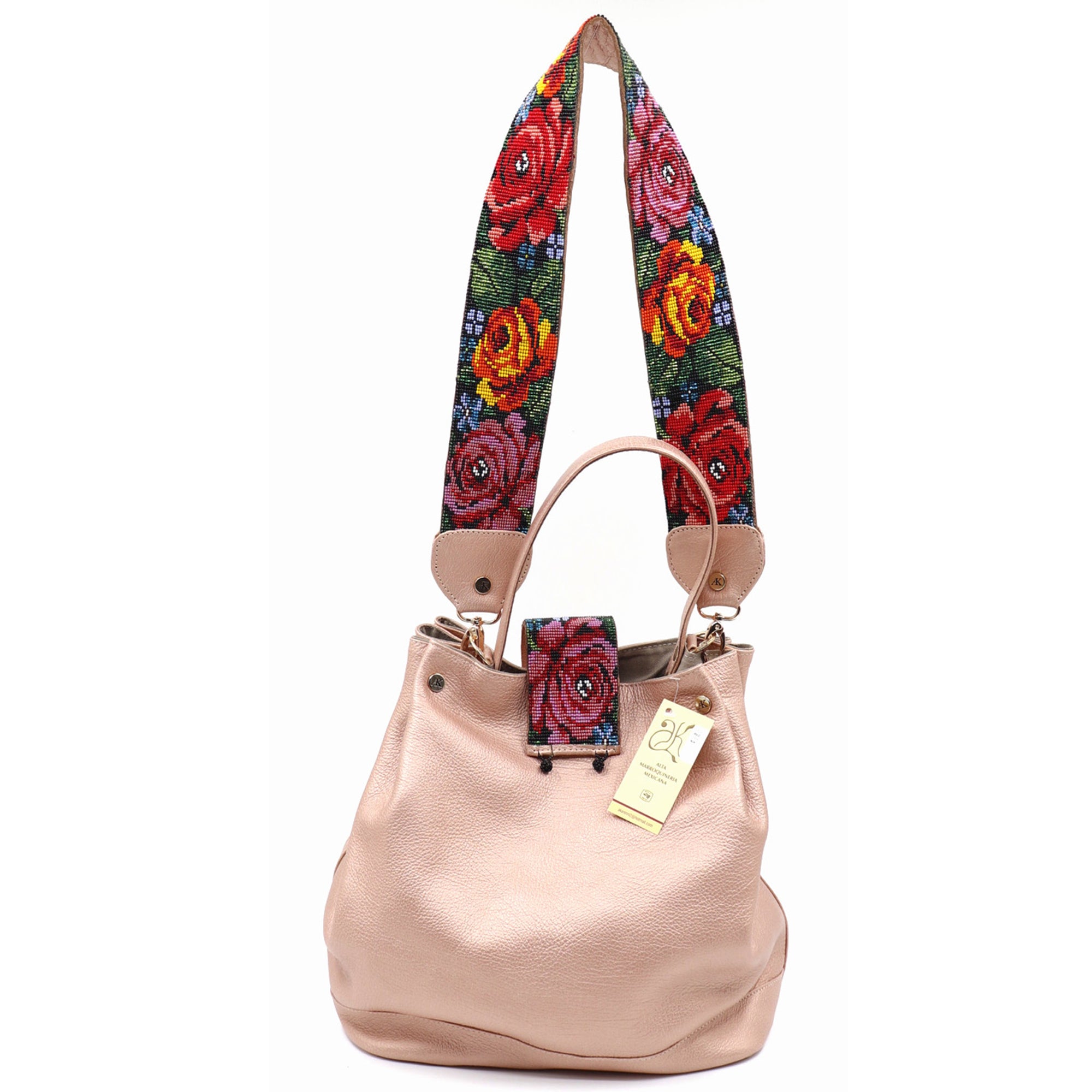 bk-1329 bolsa de piel con asa de chaquira artesanal de flora